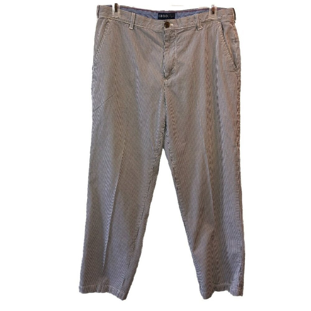 Izod Mens 36 X 32 Blue White Striped Flat Front Seersucker Textured Pants